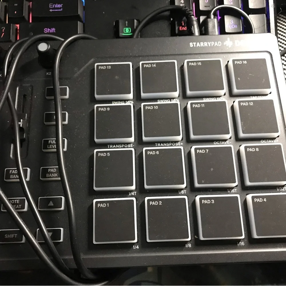 MIDI Pad beat makers and a Wrugste USB interface with MIDI inputs/outputs 2i2